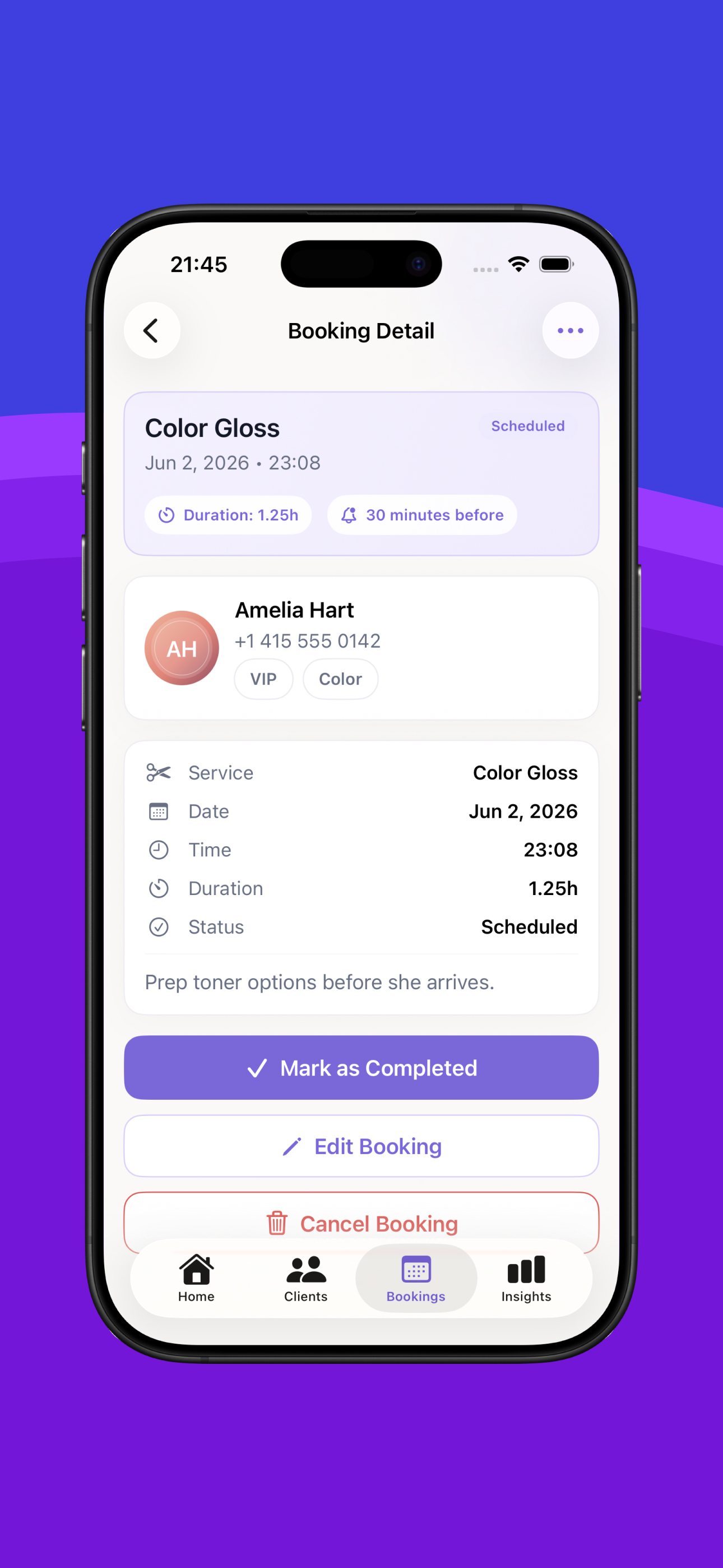 Klivora booking detail view